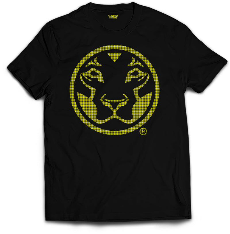 Black Organic T Shirt with Yellow Lion Print Front