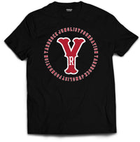 Yardrock Clothing Classic YR design on a black T Shirt