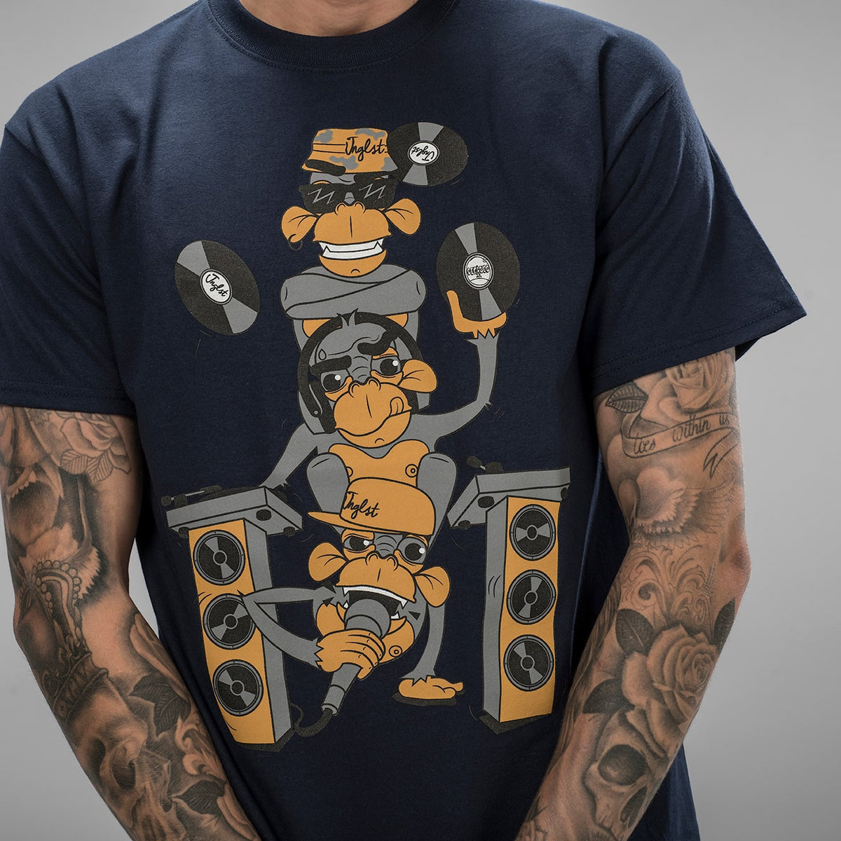 Close up of 3 Junglist Monkeys Navy Tee