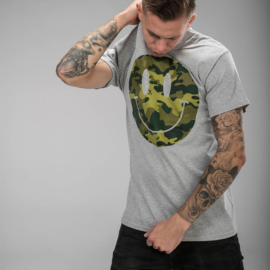 Grey T-Shirt with Camo Smiley Raver Clothing