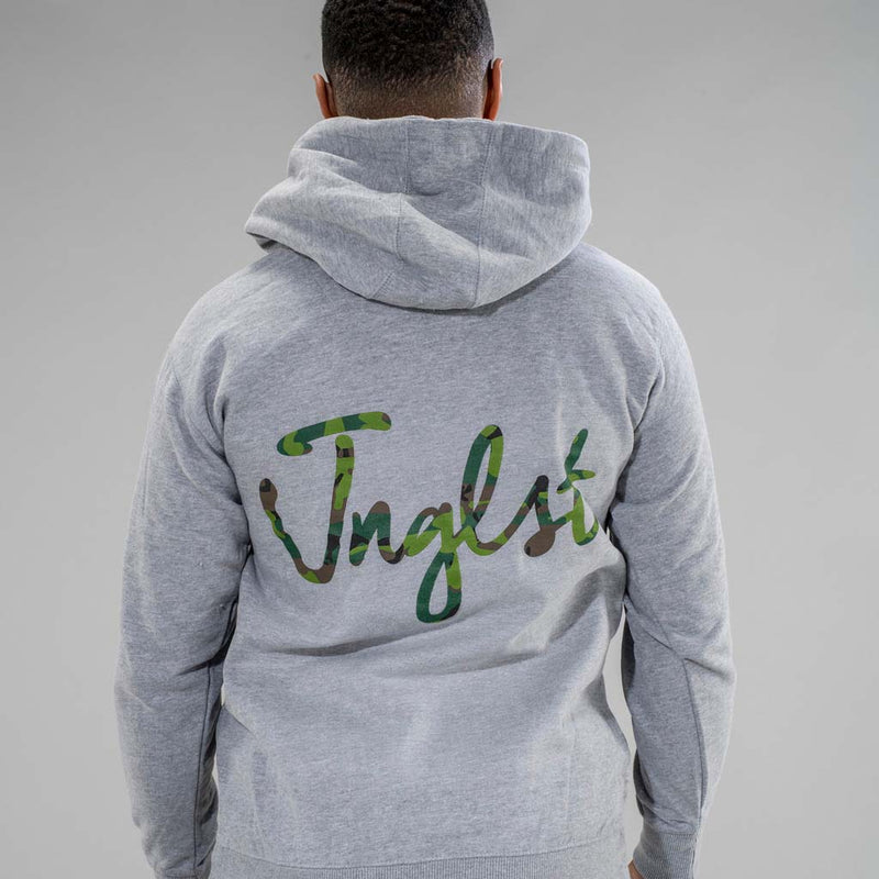 Junglist Clothing Script Hoodie Back Print in Camo