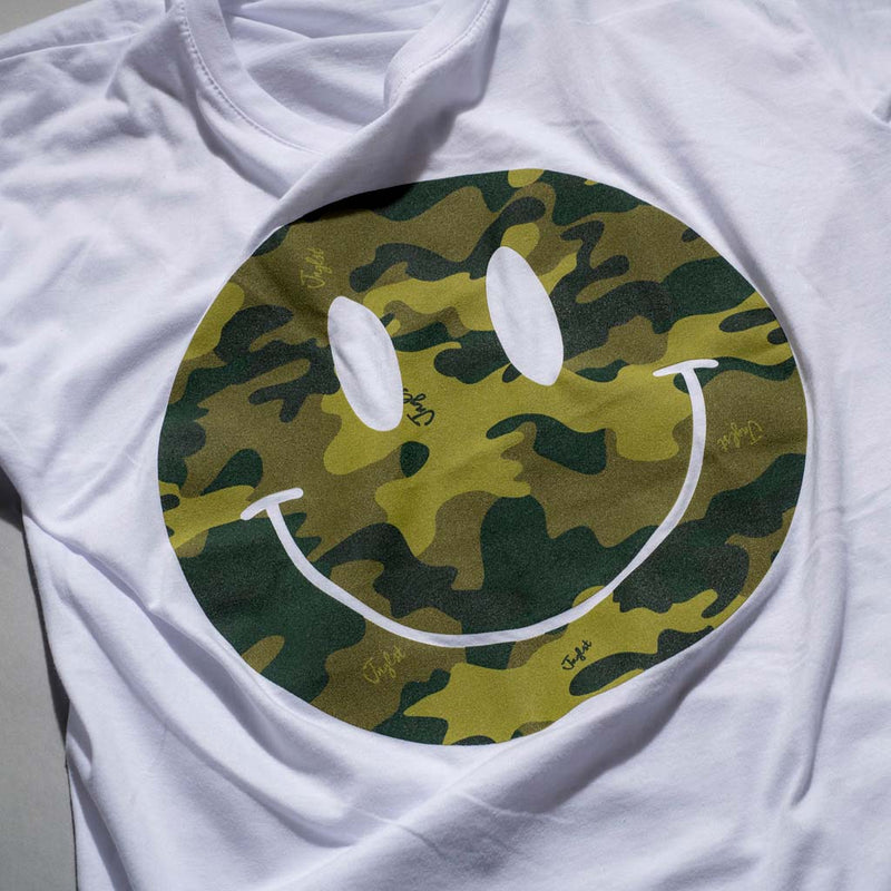 Camo Smiley Design on White Tee